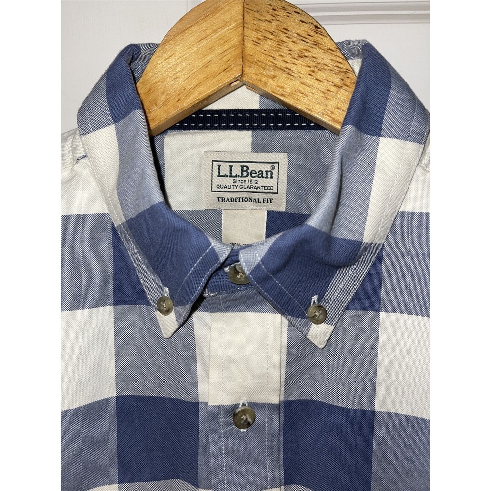 LL Bean Men's Traditional Fit Shirt Long Sleeve Blue White Plaid Button Down - Picture 4 of 12